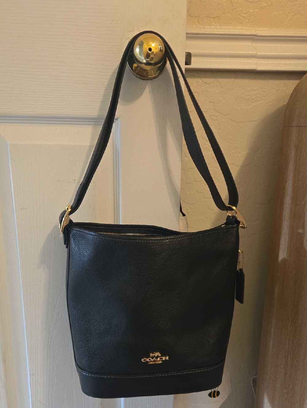 Coach Black Pebbled Leather Shoulder Bucket Bag with Gold Hardware